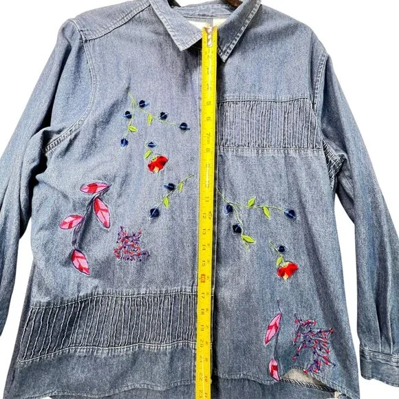 Vtg Bobbie Brooks Embroidered Denim Floral Shirt XL Floral Pintuck Blue Collar - Picture 16 of 16